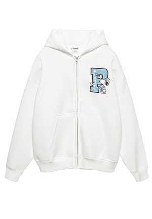 Witte hoodie met ritssluiting, gemaakt van een katoenmix, met een blauw grafisch ontwerp met de letter "P" en een karakterillustratie aan de linkerkant.