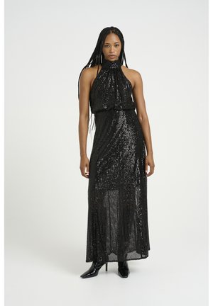 Schwarzes Paillettenkleid mit einem fließenden Schnitt. Es hat einen gerafften Ausschnitt und eine taillierte Taille, die bis zu den Knöcheln reicht.