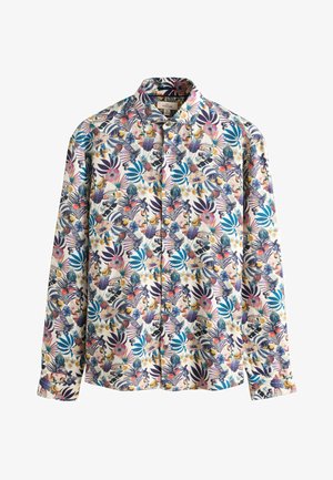 Tričko s dlhým rukávom s farebným tropickým kvetinovým a listovým vzorom na bielom podklade, so zapínaním na gombíky vpredu a golierom.