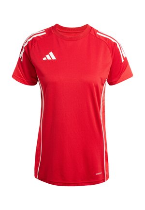 Rotes Sport-T-Shirt aus strukturiertem Stoff, mit weißen Streifen an den Seiten und einem Adidas-Logo auf der Brust. Kurze Ärmel und runder Halsausschnitt.