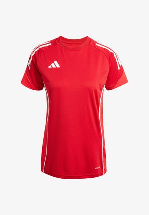 Maglietta sportiva rossa realizzata in tessuto testurizzato, con strisce bianche sui lati e logo Adidas sul petto. Maniche corte e collo tondo.
