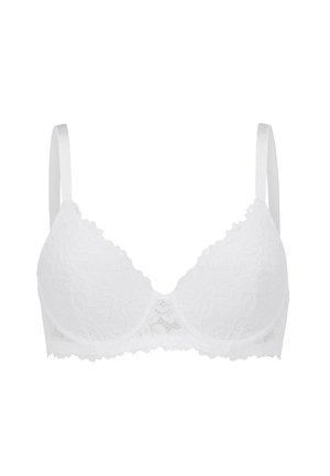 Witte kanten bh met een glad, gevormd ontwerp, verstelbare dunne bandjes, gegolfde randen en bloemmotieven door de stof.