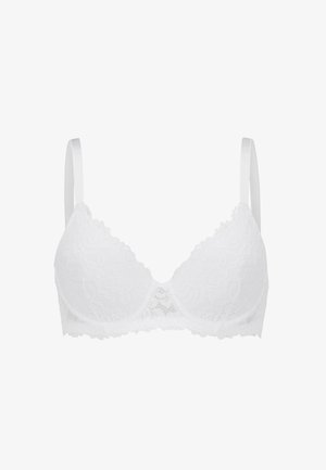 Witte kanten bh met een glad, gevormd ontwerp, verstelbare dunne bandjes, gegolfde randen en bloemmotieven door de stof.