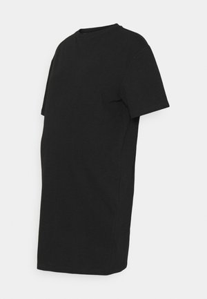 Musta puuvillainen äitiyst-paita, jossa on lyhyet hihat, pyöreä pääntie ja väljä istuvuus, suunniteltu mukavuutta ja helppoutta varten raskauden aikana.