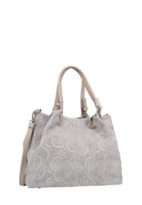 Grijze handtas met een geweven bloemenpatroon, voorzien van soepele leren handvatten en een afneembare schouderriem. Accenten in zilverkleurig metaal.