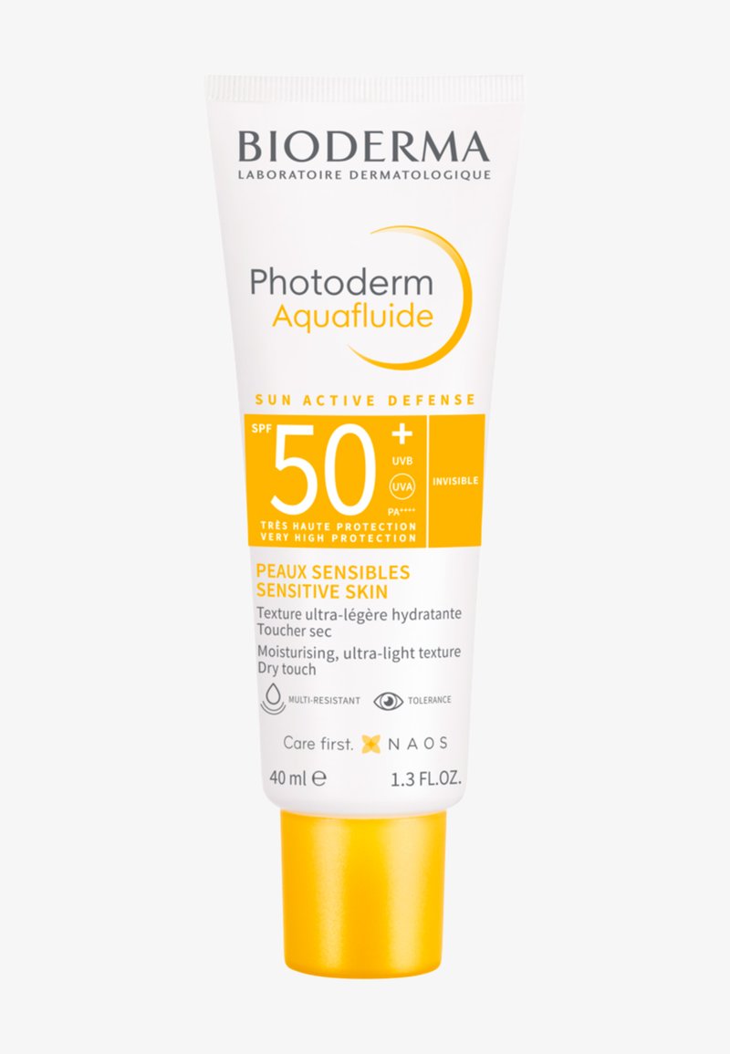 Bioderma Photoderm Aquafluide LSF 50+ Sonnenschutz für empfindliche Haut, feuchtigkeitsspendend, ultraleichte Textur, trockener Griff, 40 ml Tube mit gelbem Verschluss.