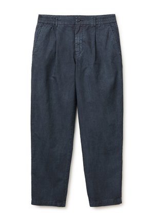 Pantaloni casual blu scuro con vita elasticizzata, chiusura con bottone frontale, tasche laterali e vestibilità rilassata.