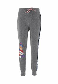 Grijze sweatpants met een trekkoord in de taille, voorzien van blauwe zijpanelen en een kleurrijke cartoonafbeelding van twee honden op het linkerlijf.