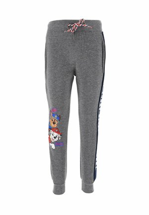 Pantaloni grigi in felpa con vita regolabile, dotati di pannelli laterali blu e una grafica colorata di due cani sul lato sinistro della gamba.