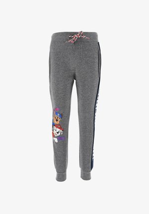 Grijze sweatpants met een trekkoord in de taille, voorzien van blauwe zijpanelen en een kleurrijke cartoonafbeelding van twee honden op het linkerlijf.