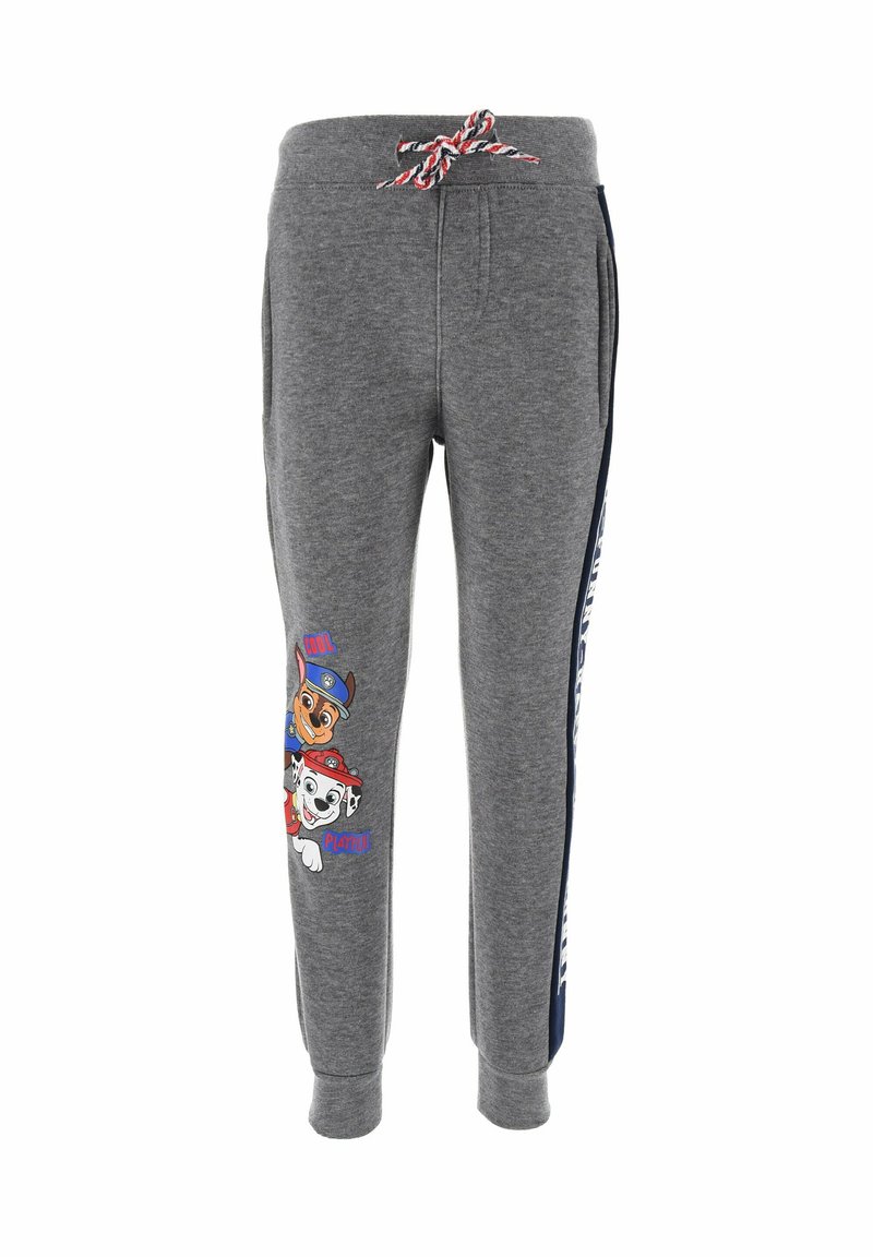 Grijze sweatpants met een trekkoord in de taille, voorzien van blauwe zijpanelen en een kleurrijke cartoonafbeelding van twee honden op het linkerlijf.