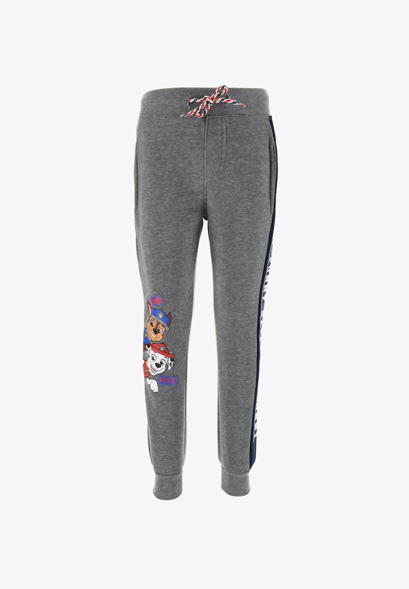 Grijze sweatpants met een trekkoord in de taille, voorzien van blauwe zijpanelen en een kleurrijke cartoonafbeelding van twee honden op het linkerlijf.