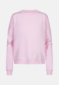 Różowa bluza z zaokrąglonym dekoltem, opadającymi ramionami, długimi rękawami i prążkowanymi mankietami. Wykonana z miękkiego, lekkiego materiału.