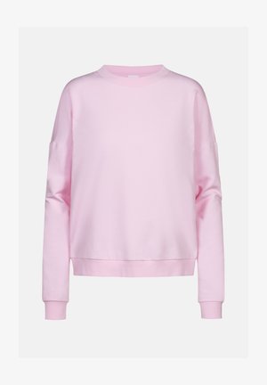 Sweatshirt rose avec encolure ronde, épaules tombantes, manches longues et poignets côtelés. Fabriqué en tissu léger et doux.