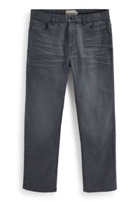 Sivé denims nohavice so strihaním rovného strihu, ktoré obsahujú päť vreciek, jemné záhyby a štandardný pás s gombíkovým zapínaním.
