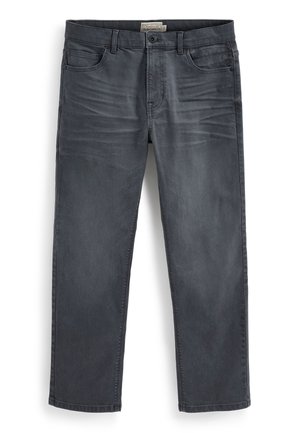 Pantalons en denim gris au design droit, dotés de cinq poches, de légères décolorations et d'une taille standard avec une fermeture à bouton.