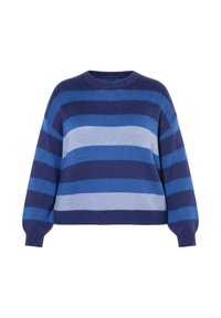 Maglione a righe blu con scollo rotondo, caratterizzato da tonalità alternate di blu scuro e chiaro, trama a coste e vestibilità rilassata con maniche lunghe.