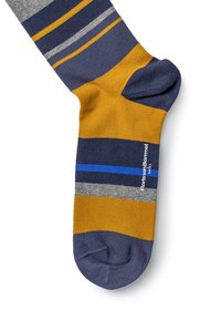 Striped sock featuring navy, mustard, gray, and blue colors. Crafted from a soft material, with a seamless toe and ribbed cuff for comfort.