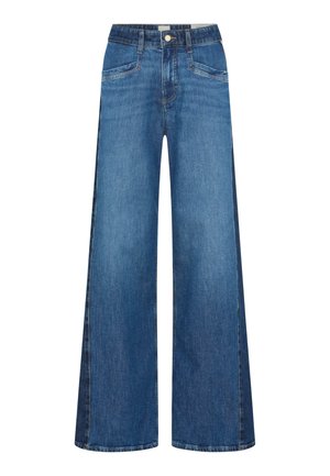 Blå jeans i denim med højtaljet, vide ben, forlommer, bæltestropper, knaplukning og synlige syningsdetaljer.