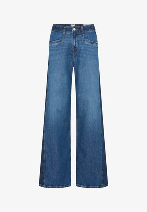 Jean en denim bleu à taille haute et jambes larges, avec poches avant, passants pour ceinture, fermeture par bouton, et détails de couture visibles.