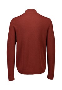 Rustinvärinen villapaita, jossa on tekstuuri neulottu kuvio, korkea kaulus ja pitkät hihat. Sisältää ribbaatut hihansuut ja helman.