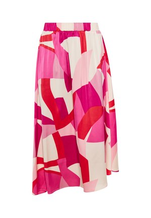 A mid-length skirt made of soft fabric featuring a multicolored abstract pattern in shades of pink, red, and cream, with an elastic waistband.