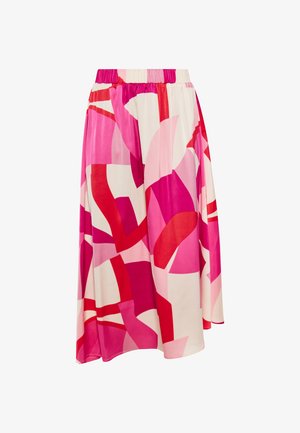 Egy közepes hosszúságú szoknya, puha anyagból, több színű absztrakt mintával a rózsaszín, piros és krém árnyalataiban, elasztikus derékkal.