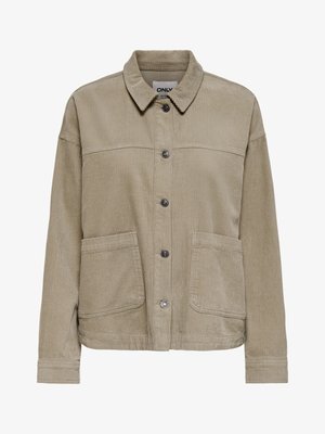 Veste en velours côtelé beige avec col, cinq boutons métalliques sur le devant et deux grandes poches plaquées à l'avant.