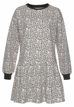 Leopard print dress with long sleeves, featuring a round black neckline and a tiered, flared skirt. Soft fabric with dark accents at cuffs.