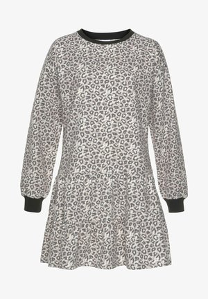 Leopard print dress with long sleeves, featuring a round black neckline and a tiered, flared skirt. Soft fabric with dark accents at cuffs.