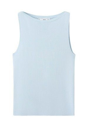 Haut sans manches en maille côtelée bleu clair avec un col rond et un ourlet droit, étalé à plat sur un fond blanc.