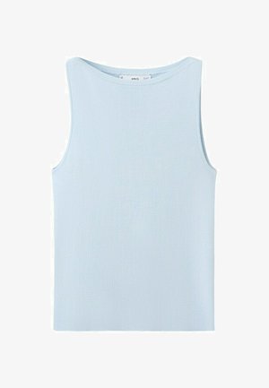 Haut sans manches en maille côtelée bleu clair avec un col rond et un ourlet droit, étalé à plat sur un fond blanc.