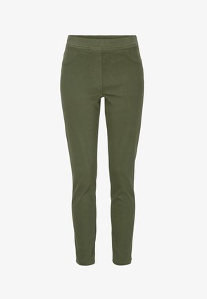 Vihreät, kapenevat housut, jotka on valmistettu venyvästä sekoitemateriaalista. Housuissa on sileä pinta, joustava vyökaista ja kaksi etutaskua.