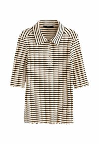 Polo à col avec manches courtes, présentant des rayures horizontales noires et crème alternées. Comprend une patte de boutonnage à trois boutons et un ourlet festonné.
