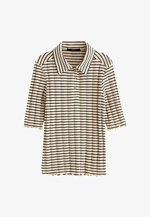 Poloshirt mit kurzen Ärmeln, mit abwechselnd schwarzen und cremefarbenen horizontalen Streifen. Mit einer Knopfleiste mit drei Knöpfen und gewelltem Saum.