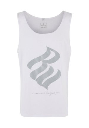 Débardeur blanc en coton, présentant un design graphique argenté avec des lignes courbes et le texte "ÉTABLI New York 1999" en dessous.