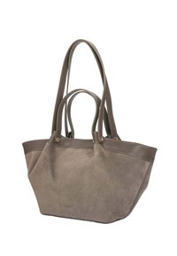 Beige suède totebag met gladde bruine leren accenten, dubbele schouderbanden en hardware in goudkleur. Ruim en gestructureerd ontwerp.