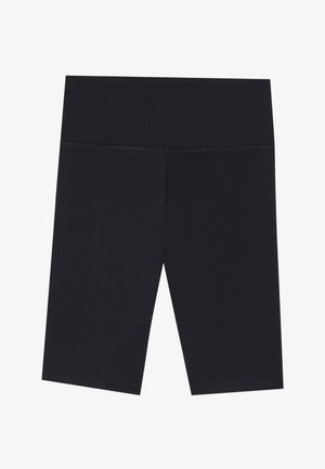 Juodi aukštos juosmens dviračių šortai, pagaminti iš tamprios medžiagos, pasižymintys lygiu paviršiumi ir švariais siūlais, iki kelių ilgio, be raštų ar puošmenų.