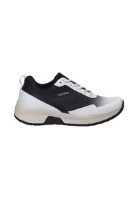 Black and white athletic shoe featuring a textured upper, lace-up design, padded collar, and a cushioned sole with a pronounced tread pattern.