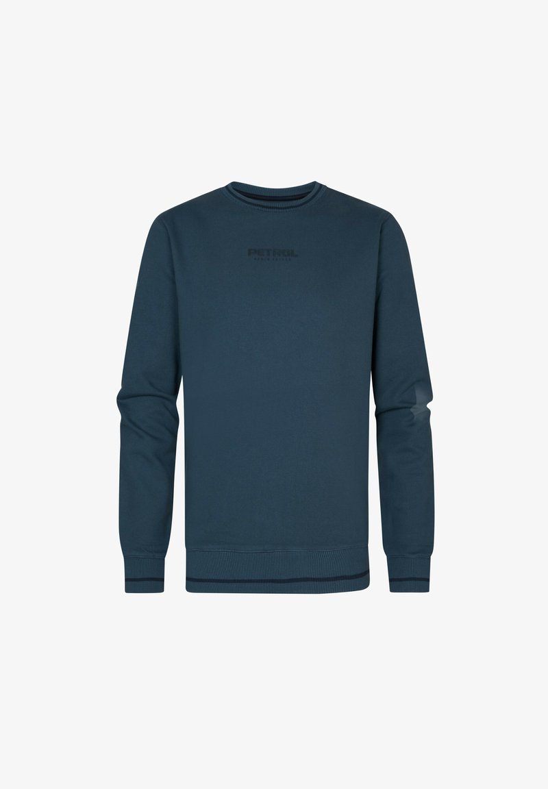 Sudadera azul marino hecha de suave algodón. Presenta un cuello redondo, mangas largas, puños y dobladillo acanalados, con un logo negro en el pecho.