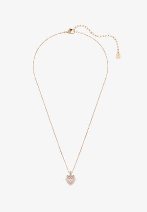 Rosenrødhalskæde med en fin kæde og en hjerteformet vedhæng med en flerfarvet ædelsten og en struktureret sølvindfatning.