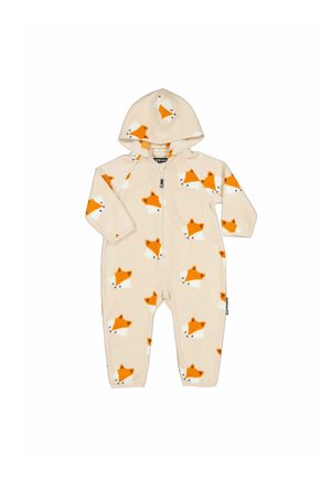 Beige babyheldragt med hætte med orange og hvide ræveansigter trykt over det hele og lynlås foran.