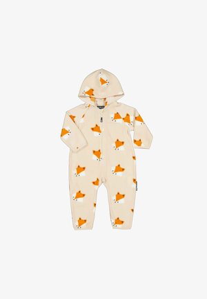 Beige babyheldragt med hætte med orange og hvide ræveansigter trykt over det hele og lynlås foran.