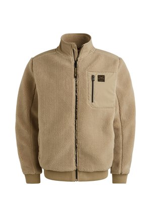 Beige fleecejack met een hoge kraag, rits aan de voorkant en een borstzak. Beschikt over ribgebreide manchetten en zijpanelen voor een gestructureerde pasvorm.