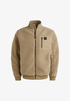 Beige fleecejack met een hoge kraag, rits aan de voorkant en een borstzak. Beschikt over ribgebreide manchetten en zijpanelen voor een gestructureerde pasvorm.
