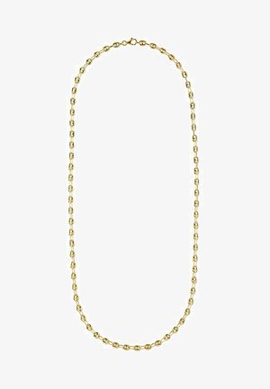 Goldene Kettenhalskette mit ovalen Gliedern, die eine glatte Textur, gleichmäßige Form und einen polierten Finish aufweisen. Die Länge ist für einen Halsschmuck geeignet.