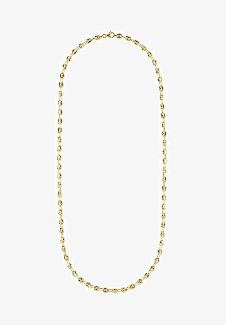 Goldene Kettenhalskette mit ovalen Gliedern, die eine glatte Textur, gleichmäßige Form und einen polierten Finish aufweisen. Die Länge ist für einen Halsschmuck geeignet.