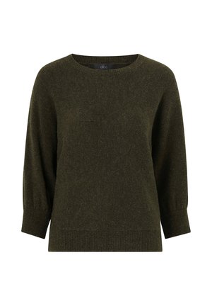 Mørkegrøn sweater lavet af strikket stof. Rund halsudskæring, 3/4 længde ærmer, ribbestrikkede manchetter og nederste kant. Enkel design, ingen mønstre.