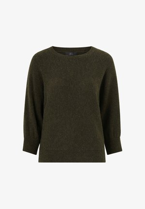 Maglione verde scuro in tessuto lavorato a maglia. Collo rotondo, maniche a tre quarti, polsini e fondo a coste. Design semplice, senza fantasie.