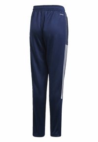 Marineblaue Sporthosen mit elastischem Bund, taillierter Passform und drei weißen Streifen an der Seite. Hergestellt aus glattem, leichtem Stoff.